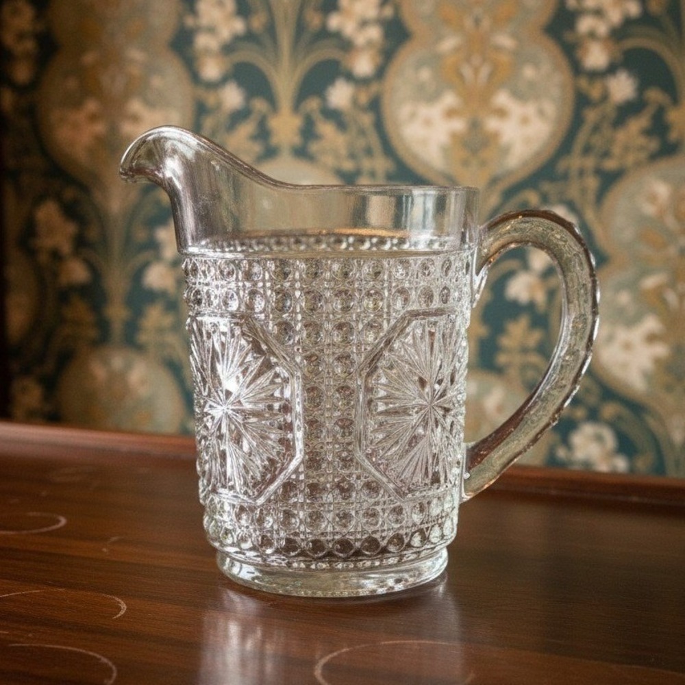 Imperial Glass Amelia Clear Pitcher, Vintage Jug, Pressed Star Medallion Pattern